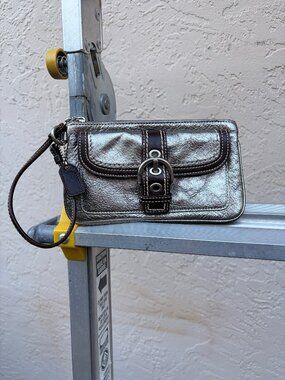 Coach Y2K Soho Platinum Silver with Brown Leather trim Wristlet Silver Buckle